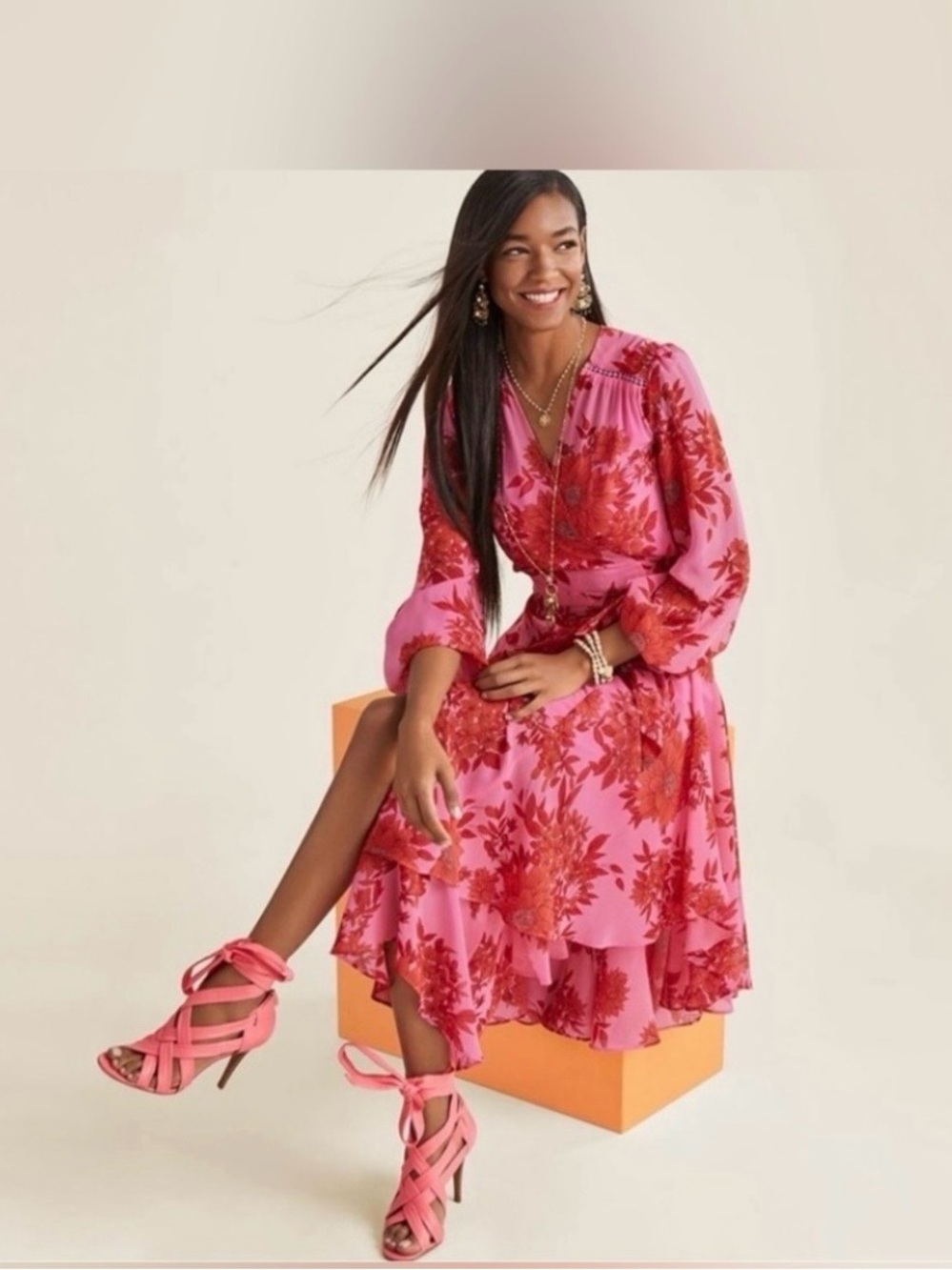 CAbi Asymmetrical drama wrap dress.  Pink & Red Floral Wrap Dress, size small